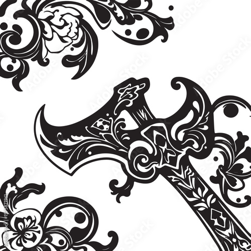 A vibrant retro-style print of a traditional tattoo-inspired axe silhouette vector art. 