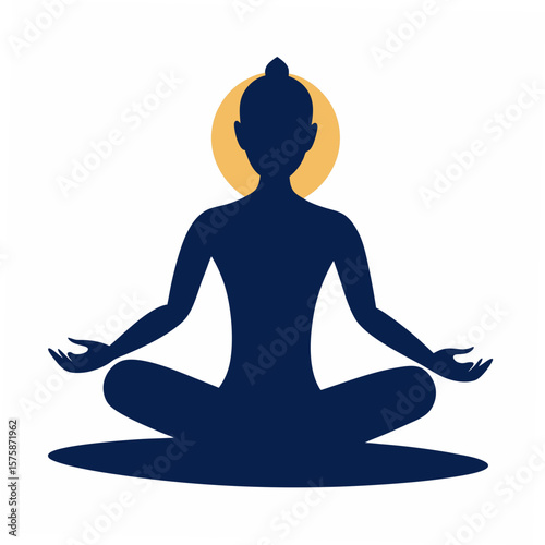 Dark blue silhouette meditating with golden halo meditation person