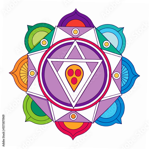 Colorful geometric mandala with spiritual symbols sacred geometry