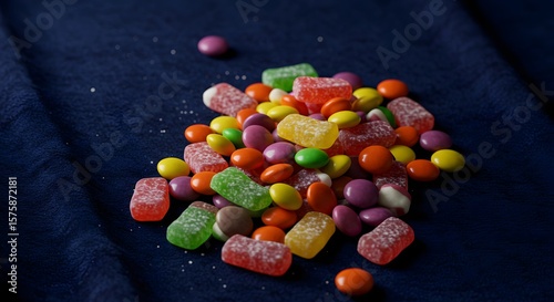 Colorful Assortment of Sweets and Candies on Dark Fabric
