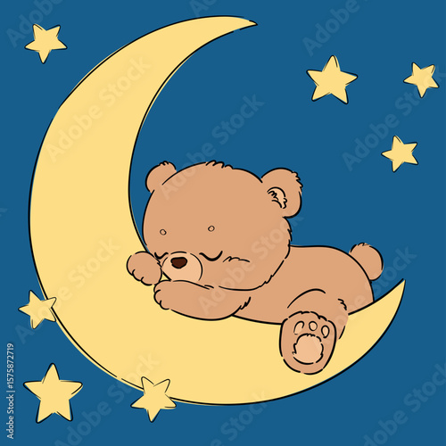 Hand Drawn Teddy bear sleeping on moon with yellow stars. Cute night sky baby illustration