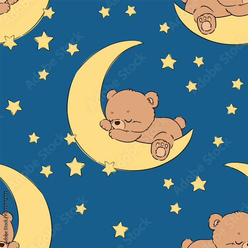 Hand Drawn Seamless pattern with teddy bears sleeping on moon and stars. Night sky baby background