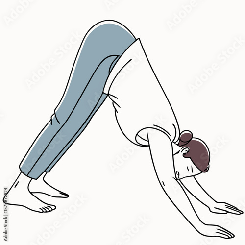 Woman performing downward dog yoga pose with blue pants and white top adho mukha svanasana female