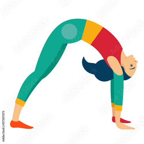 Woman performing yoga bridge pose with teal pants red top and orange socks setu bandhasana female