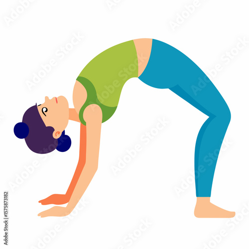 Woman performing yoga bridge pose with purple hair and green top setu bandhasana