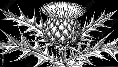 Thistle plant with spiky leaves and a blooming flower head, drawn in rough black and white line art illustration for rugged, medieval, tattoo, or botanical print styles