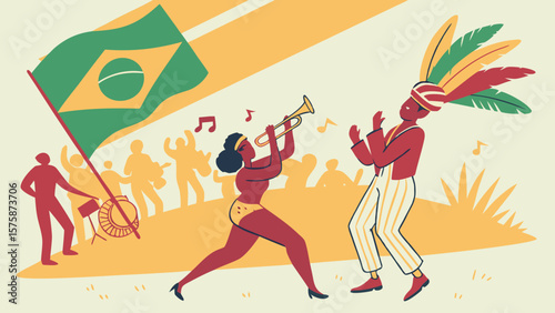 A vibrant illustration featuring a Black female musician playing trumpet, celebrating Brazilian culture with lively music and colorful feathers.