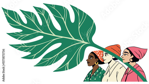 Three diverse women with distinct headscarves are side by side, with a large green leaf in the foreground symbolizing nature's connection.