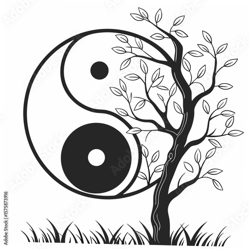 Yin Yang tree with leaves and grass nature