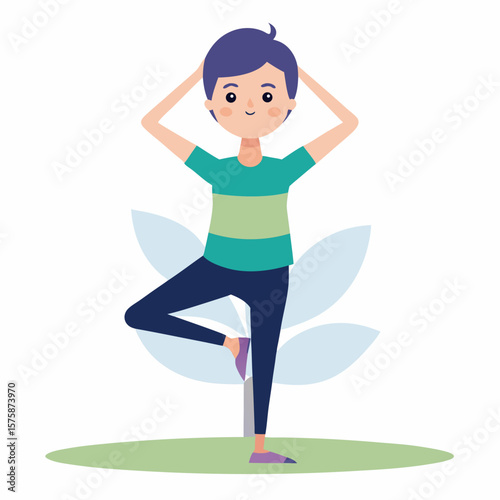 Young person performing tree pose on green grass with abstract blue shapes yoga vrikshasana