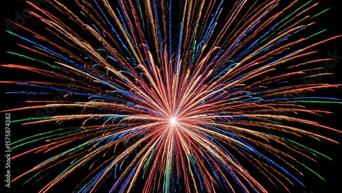 A single, vibrant firework bursts with multicolored light against a dark night sky, creating a spectacular celebratory display