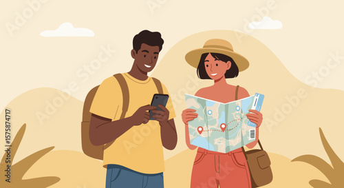 Illustration of a woman and a man with a map and a phone planning a trip, for tourism marketing and promotions about discounts, about adventures