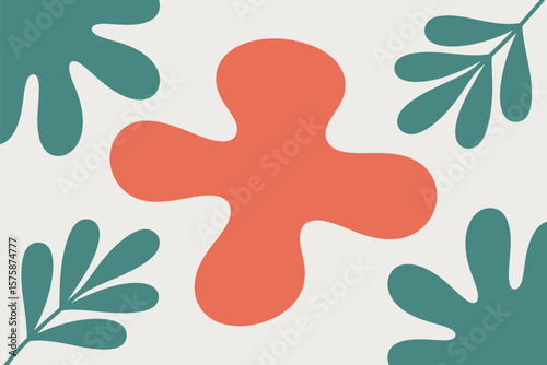 Vibrant botanical background featuring a striking abstract coral shape complemented by minimalist leaves on a light surface.