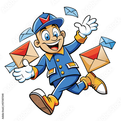 Cartoon mailman running with mail envelopes