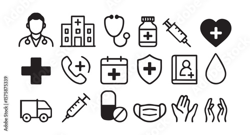 Medical equipments health care vector icon set