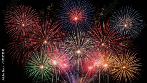 A dazzling array of multicolored fireworks explode in a vibrant display across the dark night sky, signifying a grand celebration