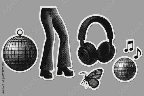 Retro fashion music elements design nostalgia disco ball headphones and bell bottom vintage attire graphic art
