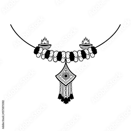 Floral garland with lamps and pendant line drawing silhouette