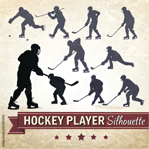 Dynamic Ice Hockey Player Silhouettes Set with Textured Background