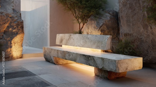 Minimalist stone bench with soft lighting in serene outdoor garden space surrounded by natural rock formations and greenery for tranquil ambiance