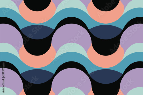 Abstract seamless wavy pattern features retro style with curved shapes and pastel colors for backgrounds and trendy textile designs.