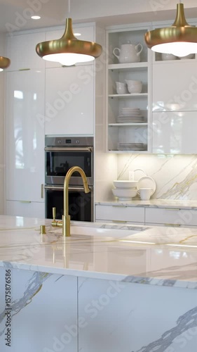 A static wide video of a pristine, luxurious modern kitchen interior with a gleaming Calacatta marble island, golden faucet, white cabinetry, and brass pendant lamps, embodying sophisticated