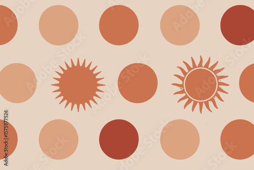 Retro sun pattern illustration features terracotta and beige circles, creating a vintage styled sun shapes background.