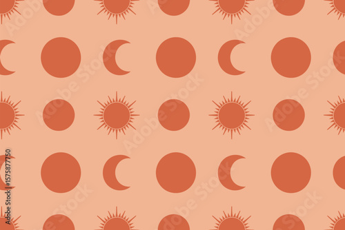 Retro celestial pattern in terracotta tones, featuring suns, moons, and full circles against a blush background.