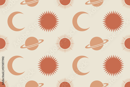 Elegant cosmic pattern showcases celestial bodies like moons, planets, and suns in a terracotta and beige color palette.