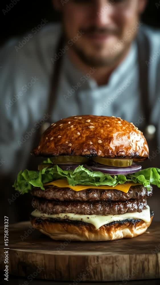 Appetizing close-up of a chef preparing a double cheeseburger, showcasing each step in detail, highlighting the juicy patty, melted cheese, fresh lettuce, and toasted bun. A culinary delight. Appetizing close-up of a chef preparing a double cheeseburger, showcasing each step in detail, highlighting the juicy patty, melted cheese, fresh lettuce, and toasted bun. A culinary delight.