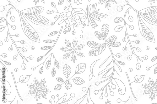 Elegant floral pattern featuring delicate leaves, branches, and snowflakes in a seamless design for backgrounds or textiles.