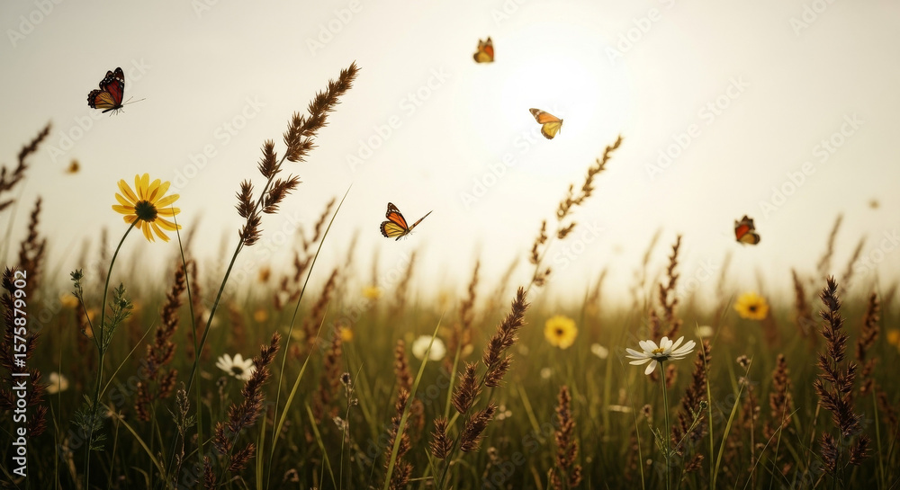 Fototapeta premium A peaceful meadow with wildflowers and butterflies
