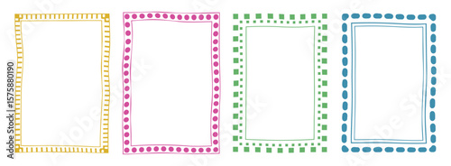 Empty frames doodles, dotted frames with simple freestyle geometric forms and shapes, borders and backgrounds. Vector illustration.
