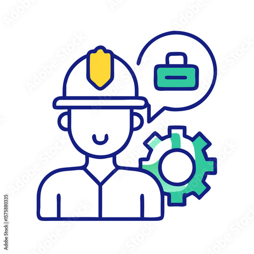 Worker with hard hat and gear symbol, representing labor safety, construction industry, engineering and manual labor profession
