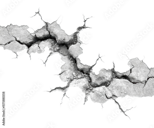 Cracked concrete surface urban area texture high contrast. Isolated on transparent background, png.