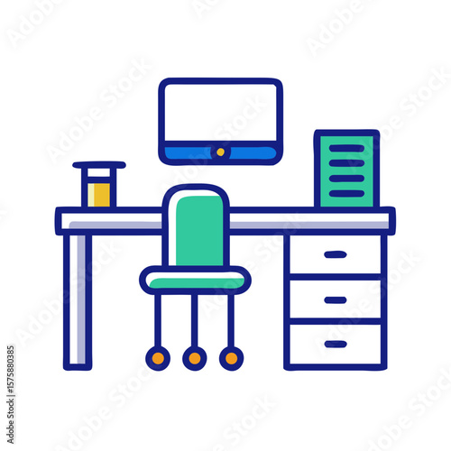 Office desk with computer and drawer unit, representing workspace setup, office organization, productivity and professional environment
