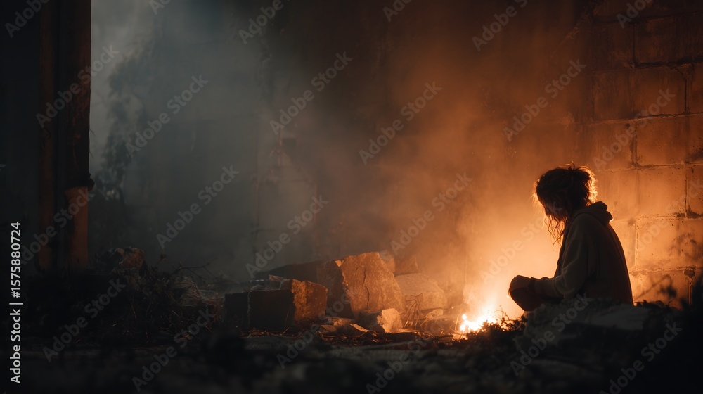 Obraz premium Cinematic 3D Illustrations of Post-Apocalyptic Human Survivors in Destroyed Urban Landscapes with Atmospheric Lighting, Emotional Storytelling, and Futuristic Sci-Fi Environments for Film, Music, and 