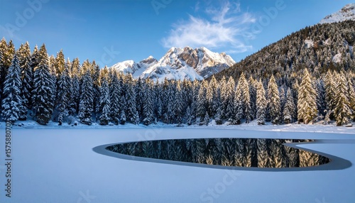 Frozen lake nestled in snowy mountains