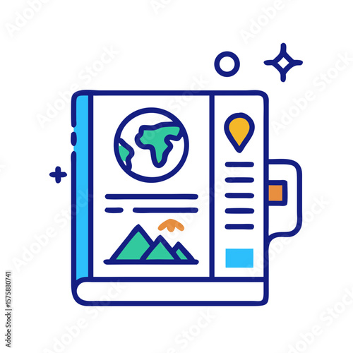 Illustration of a travel guidebook with map and landmarks, representing tourist navigation, city exploration, cultural attractions and vacation planning, no background
