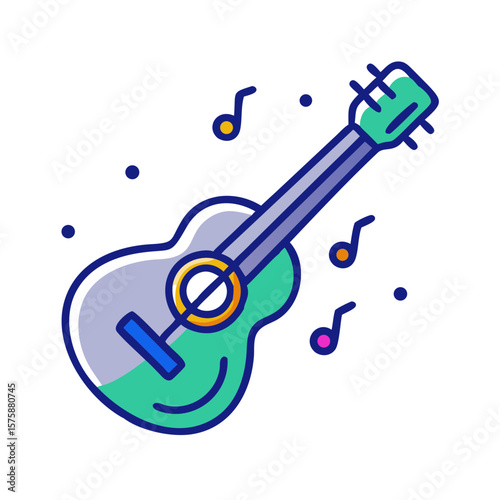Illustration of an acoustic guitar with musical notes, representing string instrument, music performance, creativity and entertainment, no background
