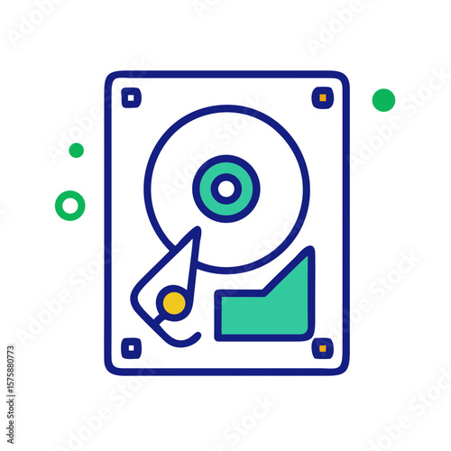 Illustration of a hard disk drive with rotating arm, representing digital storage, data memory, computer hardware and backup device, no background
