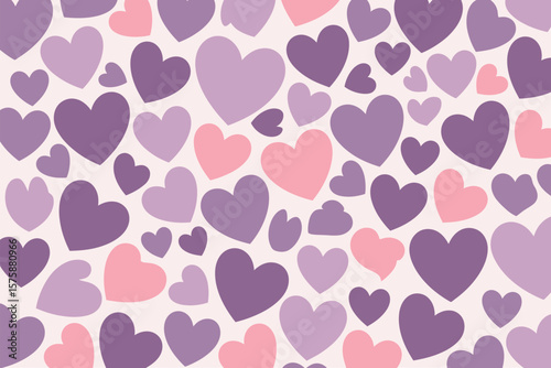 Sweet hearts pattern in various hues of pink and purple creates a lovely, romantic, decorative design for many uses and backgrounds.