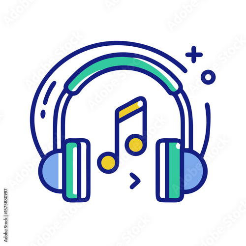 Headphones with musical note, representing audio listening, digital sound, personal entertainment and streaming, no background
