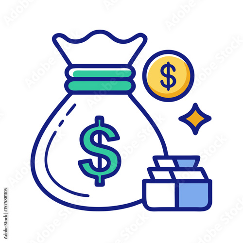 Flat icon of money bag with dollar sign and coins, representing financial savings, wealth accumulation, economic gain and business income, no background
