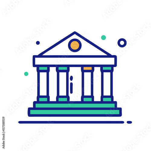 Flat icon of classical building with columns and pediment, representing government institution, museum, courthouse or financial organization, no background
