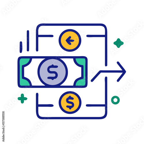 Flat icon of currency exchange with dollar and arrows, representing money transfer, global finance, forex trading and financial services, no background
