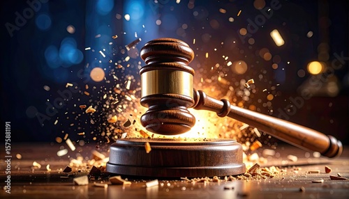 Gavel shattering. Dramatic legal imagery