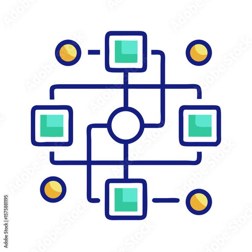Flat icon of network diagram with blocks and lines, representing flowchart, process structure, digital logic and data architecture, no background
