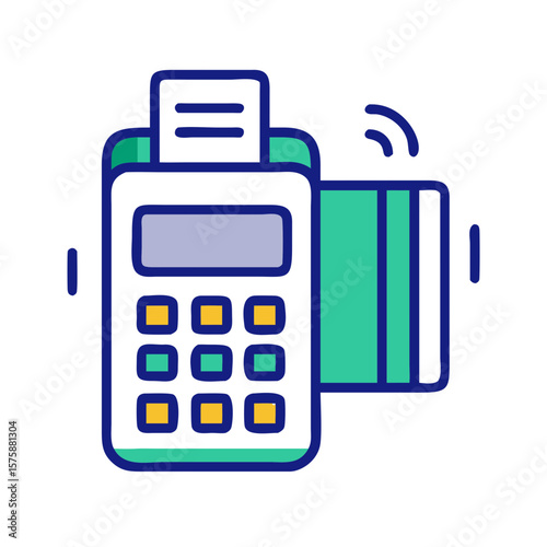 Flat icon of POS terminal with credit card, representing electronic payment, retail checkout, bank transaction and commerce technology, no background
