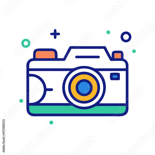 Flat icon of digital photo camera, representing photography, media capture, professional imaging and creative hobby, no background
